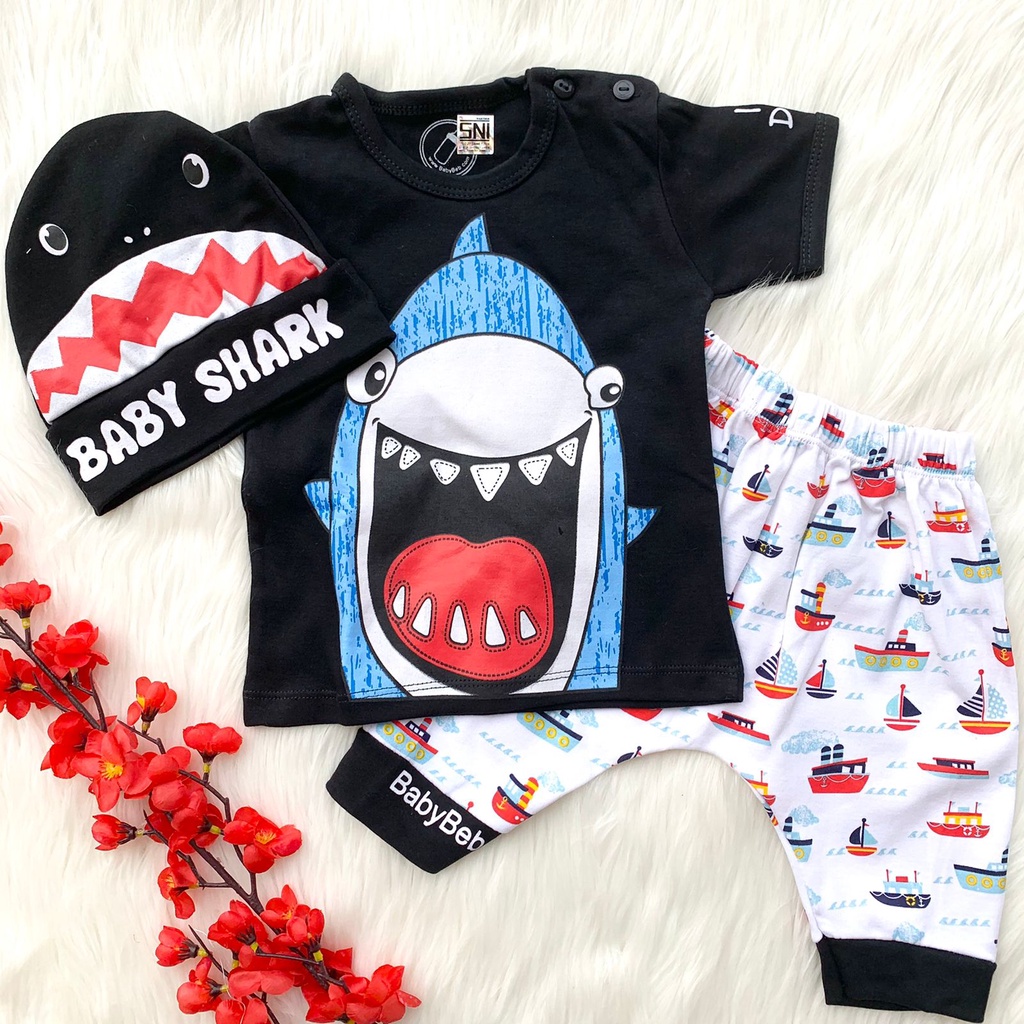 Baju setelan kaos celana topi motif shark hiu bestseller fashion anak bayi laki cowok murah -bab