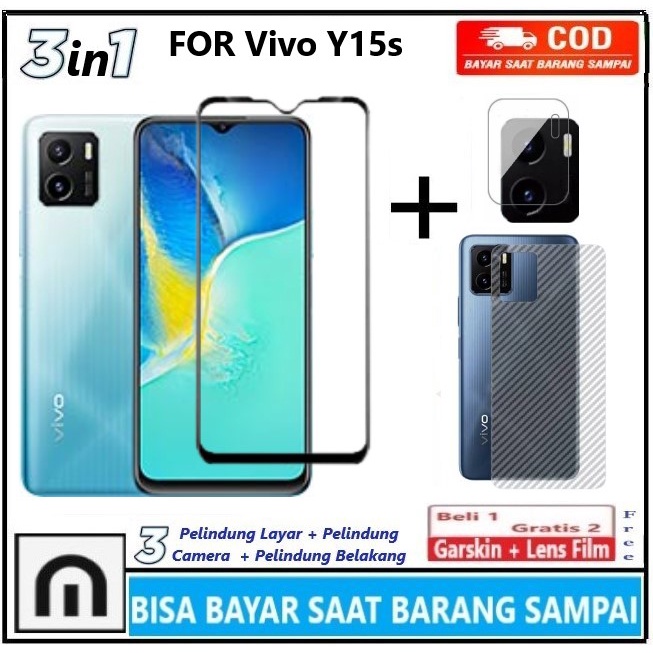 Promo Paket 3in1 Tempered Glass Vivo Y15s 2021 2022 Y01 Full Cover Anti Gores Kaca Full Layar Screen