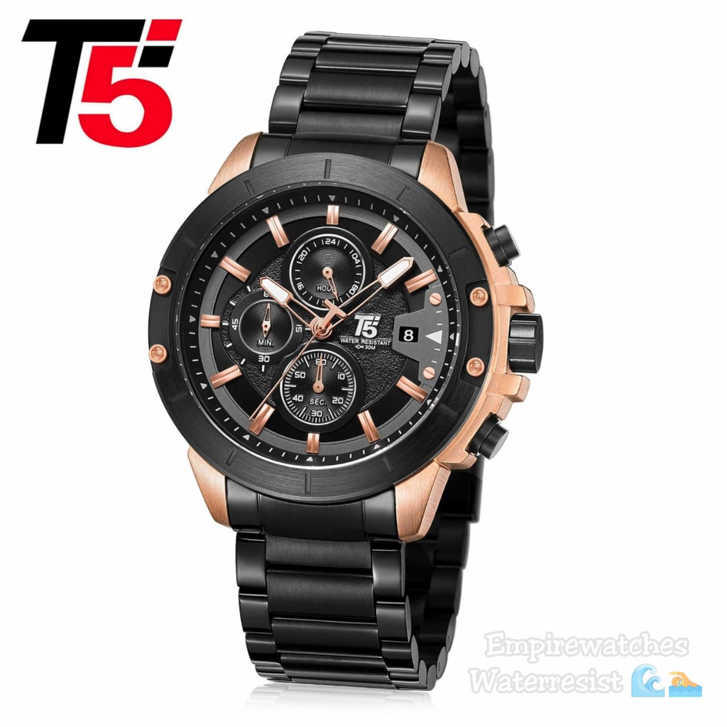 Jam Tangan T5 H3636 3636 H3636G Pria Cowok Analog Chrono dan Tanggal Aktif Rantai Stainless Original