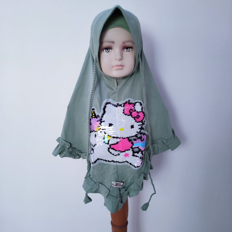 Jilbab Anak Hellokitty 4 5 6 7 8 tahun rempel fanta merah hitam ( jilbab  HK rumpa )