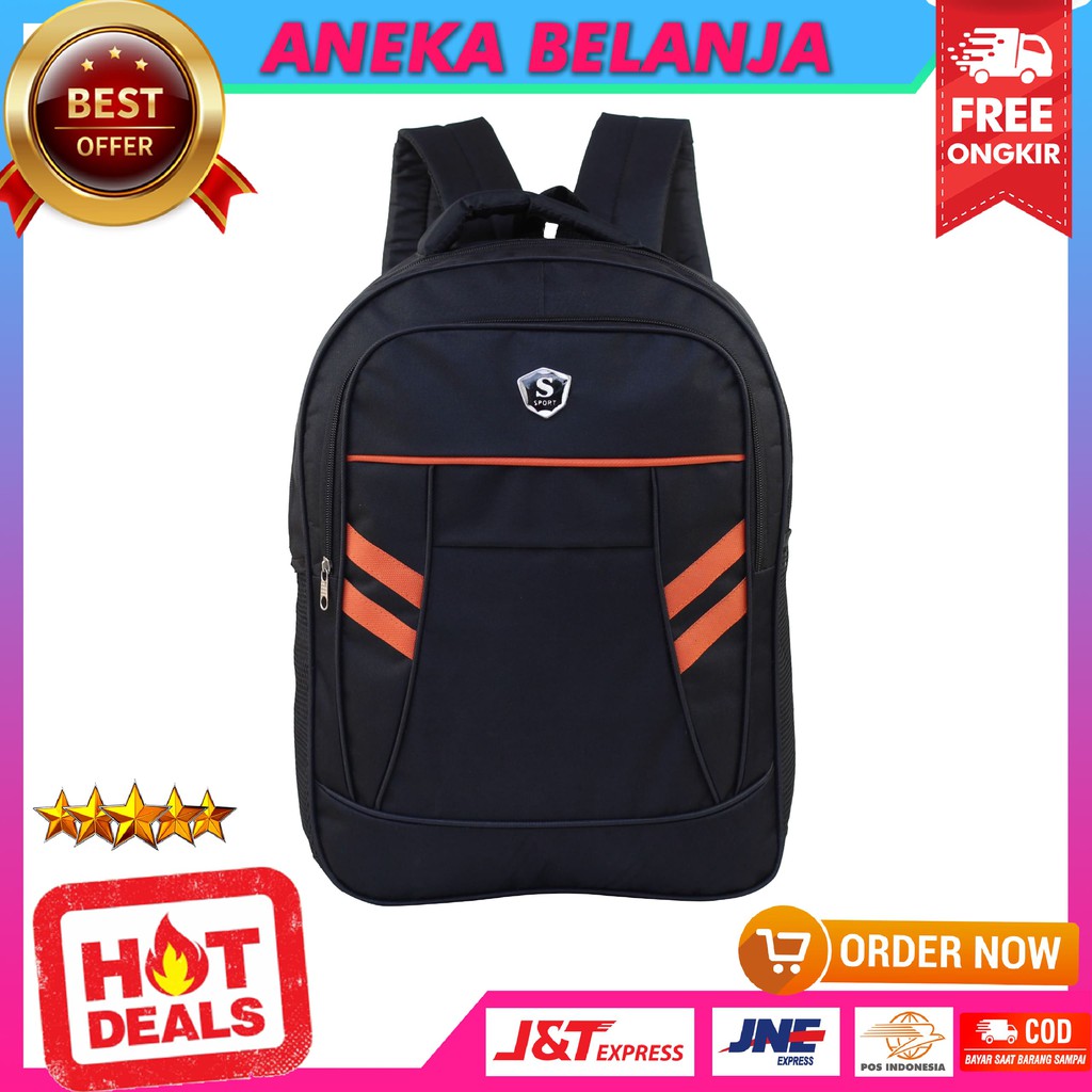 Ransel Cowok Model Sport Warna Hitam Garis Pinggir Orange Tas Punggung Pria Berkualitas Ekonomis Multifungsi