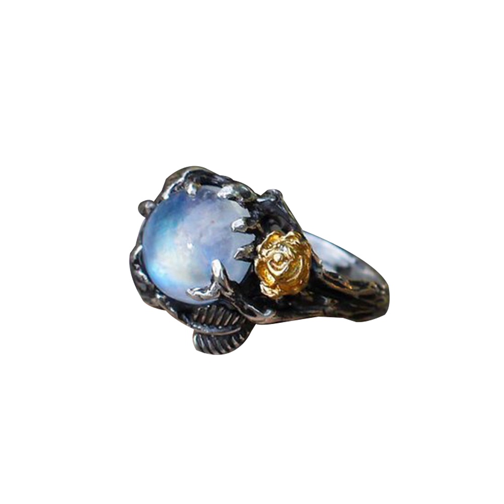 Hu Hu Hu Hu Hu Alat Bantu Pasang Kacamata♡ Cincin Wanita Desain Bunga Mawardaun Hias Moonstone Imitasi Bentuk Bulat Gaya Vintage Untuk Pesta