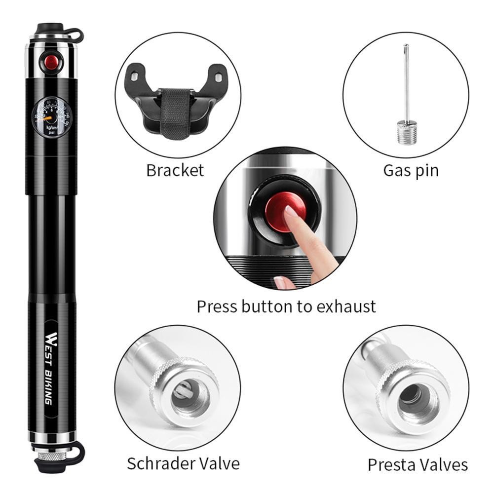 WEST BIKING Mini Portable Bike Pump with Pressure Gauge - 160PSI - Pompa Sepeda Manual Portabel