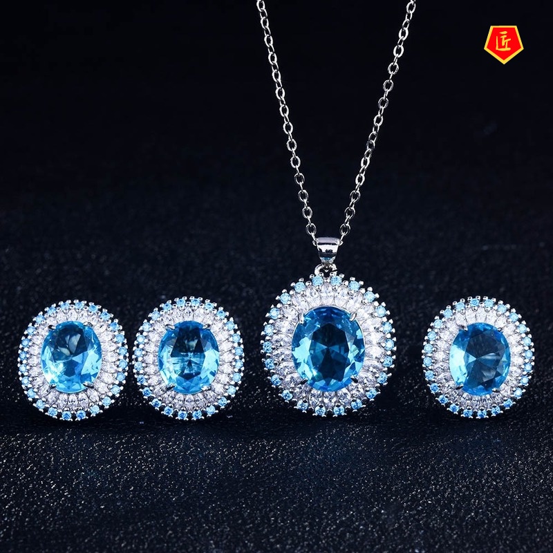 [Ready Stock]Natural Yellow Diamond Blue Topaz Rings Ear Studs Necklace Set