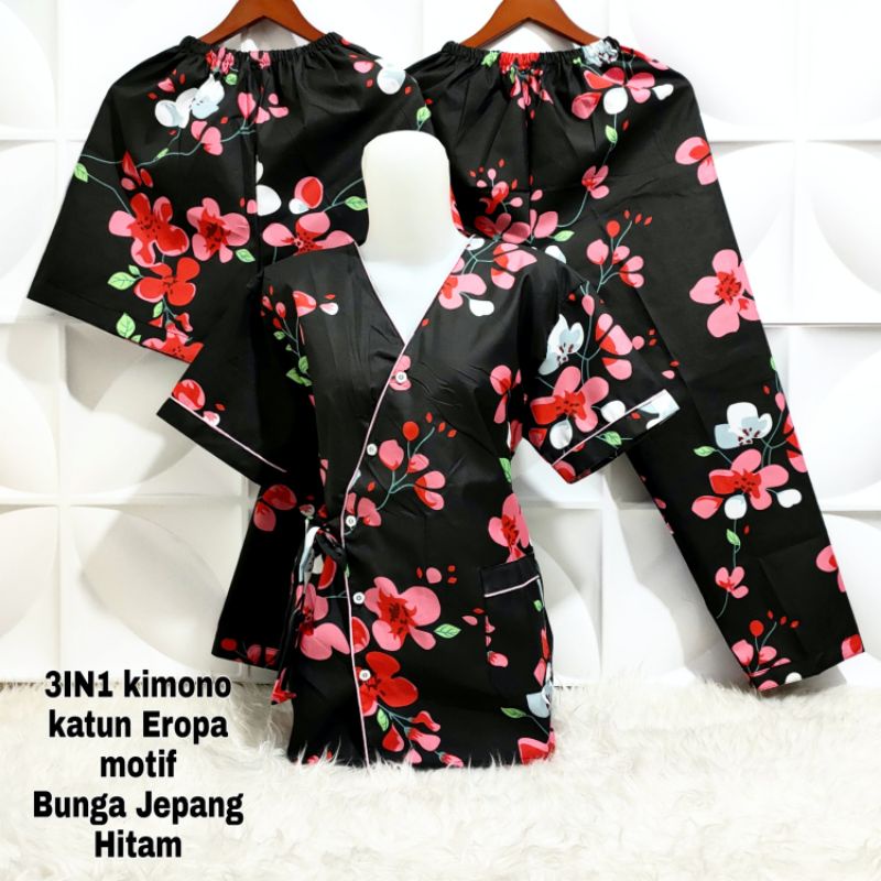 Piyama Kimono 3 in 1 dewasa motif Bunga sakura-B Jepang Hitam KMN