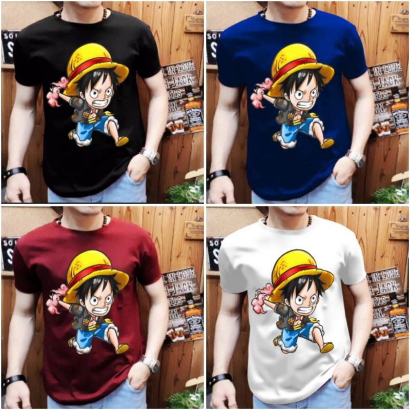 kaos murah distro t-shirt atasan kaos cowok ukuran jumbo gambar onepiece luffi topi smile keren