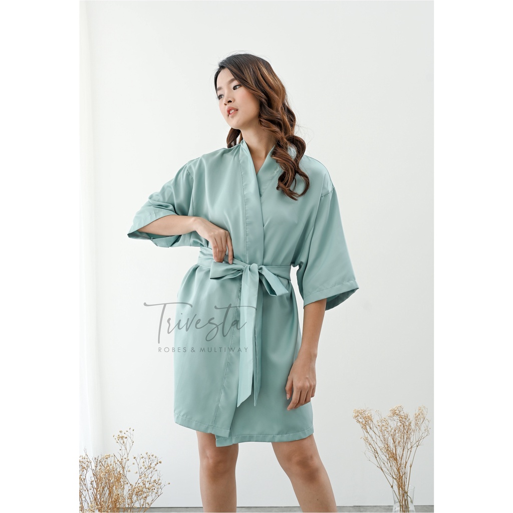 Basic Robe - KIMONO BRIDESMAID SATIN WARNA SAGE GREEN + FREE BORDIR (TULISAN BEBAS BISA NAMA)