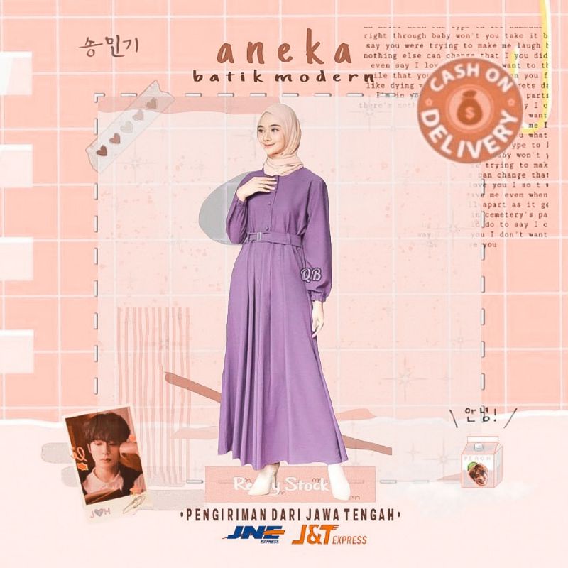 DRESS GAMIS MUSLIMAH MONA BELT MOSCREPE PREMIUM BUSUI FRIENDLY LENGAN KARET POLOS UNGU LILAC COKSU N