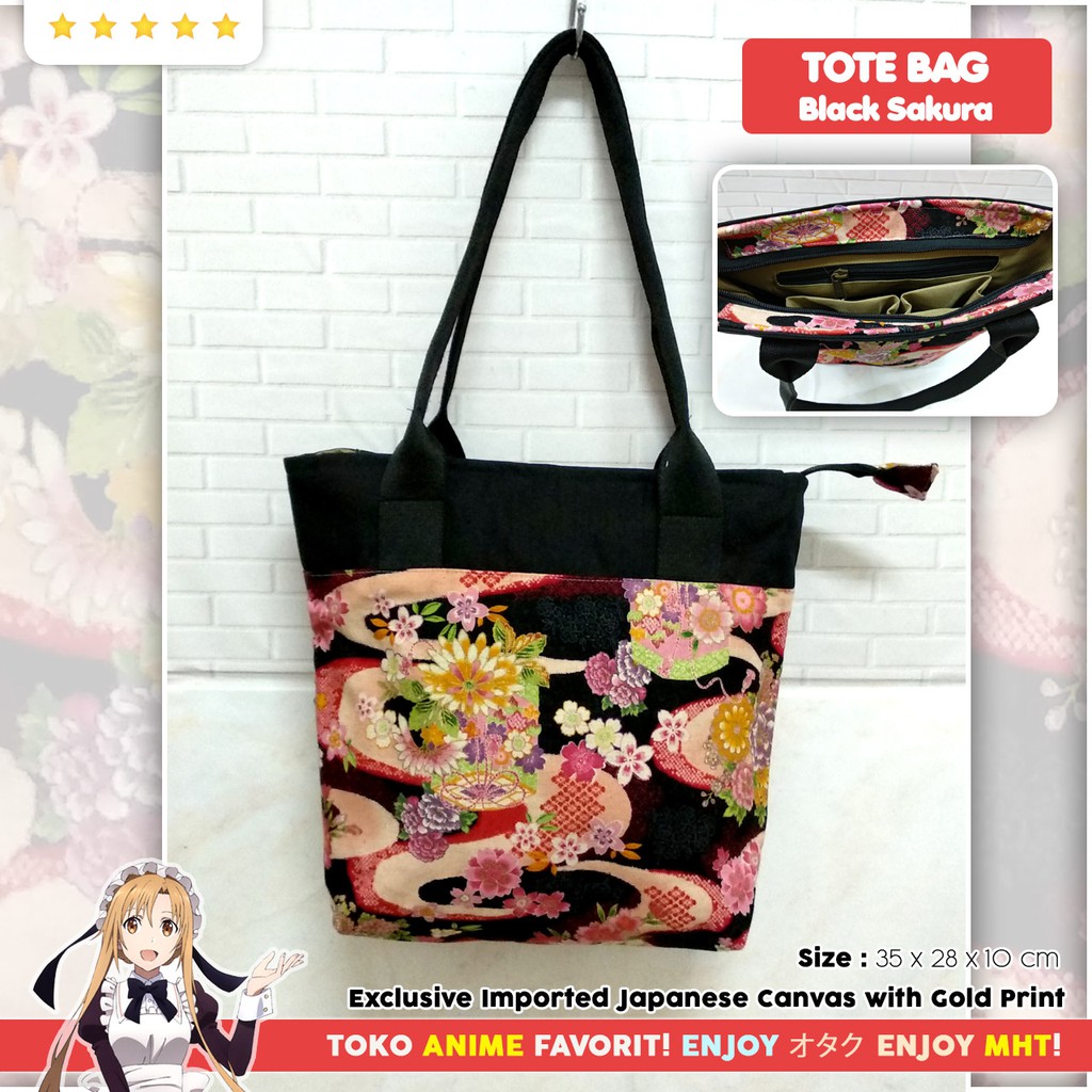 Tas Tote Bag Jepang Canvas Kanvas Impor Hitam Black Sakura