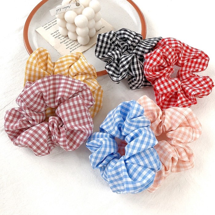 IKAT RAMBUT Scrunchie Gaya Korea Kekinian Motif Kotak-Kotak Cepol Cempol Hijab Bisa Pilih Warna