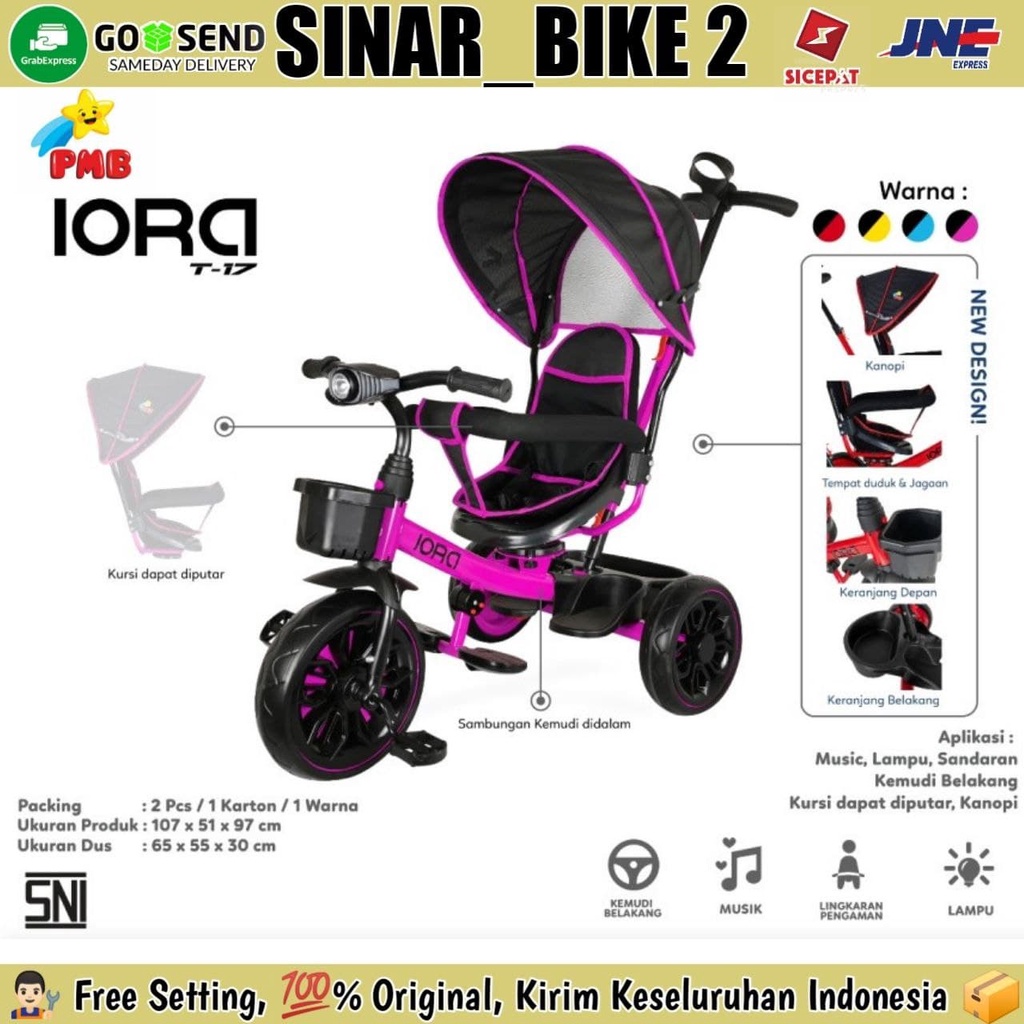 Sepeda Anak Roda Tiga Tricycle Pmb Iora T17 Fitur Lengkap