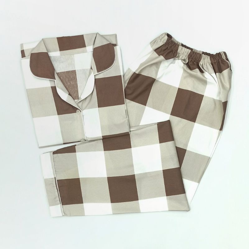 Baju Tidur Wanita / Piyama Wanita Tie Dye Set Motif Kekinian-Brown Khaki Square