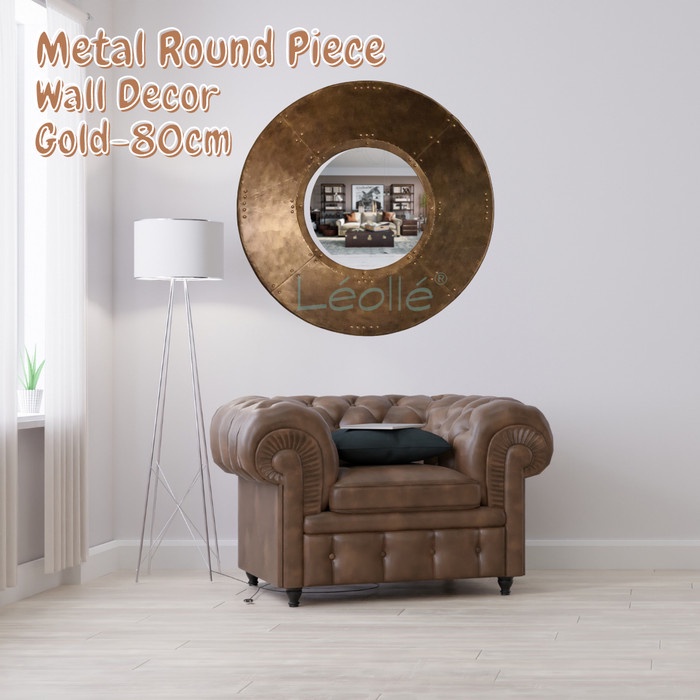 Leolle Hiasan Dinding Cermin Dinding Metal Round Mirror 80cm-Gold