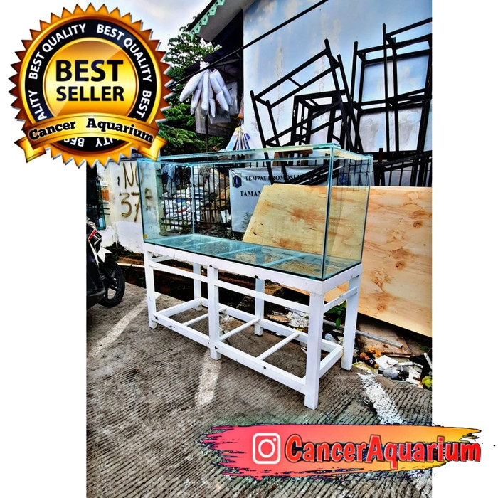 PROMO Aquarium 150x50x60 Full 10MM Dan Rak Besi Hollo 4x6 Putih