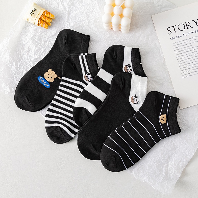 BV.ID •KK825 Kaos Kaki Wanita Pria Pendek Unisex Semata Kaki Ankle Motif Garis hitam Socks Korean