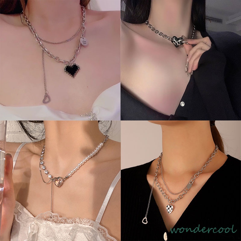 Y2k Manis Merah Muda Zirkon Liontin Kalung Untuk Wanita Hati Perak Rantai Kalung Aksesoris Choker Perhiasan-Won