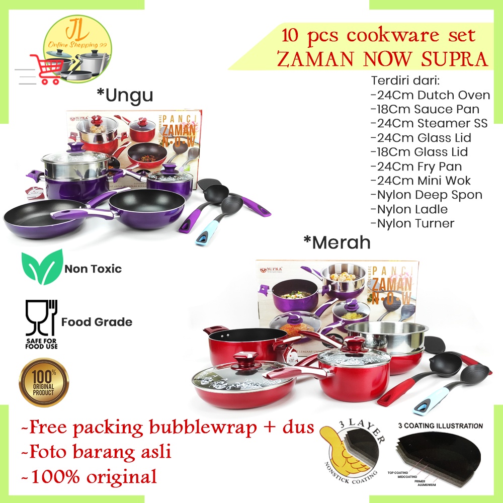 panci penggorengan set 10pcs / cookware set teflon ZAMAN NOW SUPRA