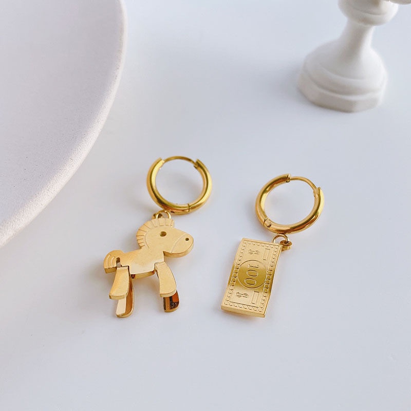 Fashion Gaya Baru 18 K Emas Anting Trojan Kuda Anting Uang Kertas Anting Anting Gadis Aksesoris Baja Titanium Hypoallergenic Anti-Fading