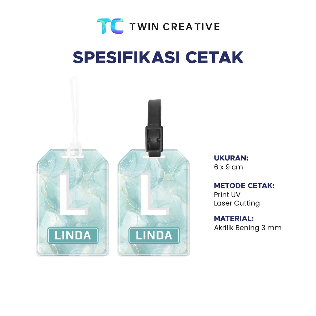 Bag Tag Custom Nama Tas Koper Motif Akrilik - Bag Tag Marble Tosca Inisial