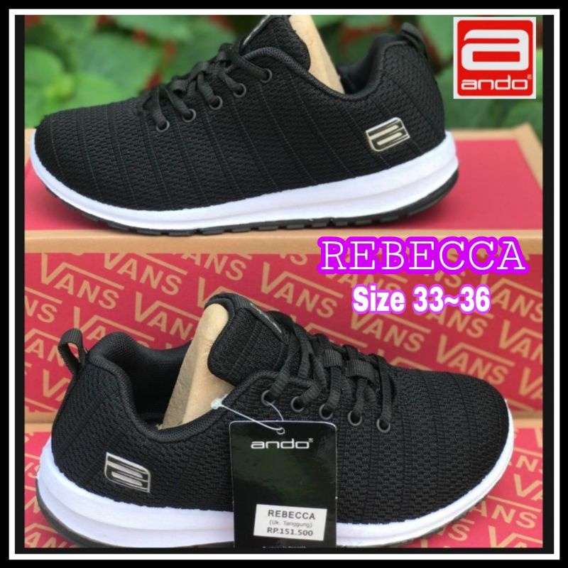 Awet Ando Sepatu Sneakers Sekolah Anak Cewek Cowok Remaja Tanggung Hitam Putih Tali Rebecca Original