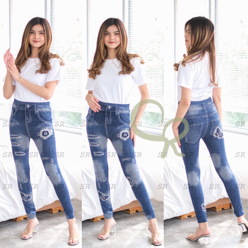 Legging Jeans Import Wanita Motif Sobek Ripped 3D Melar