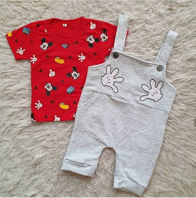 Baju setelan kaos suspander 6-15 bln motif mickey lucu bestseller anak bayi cowok laki murah -mic