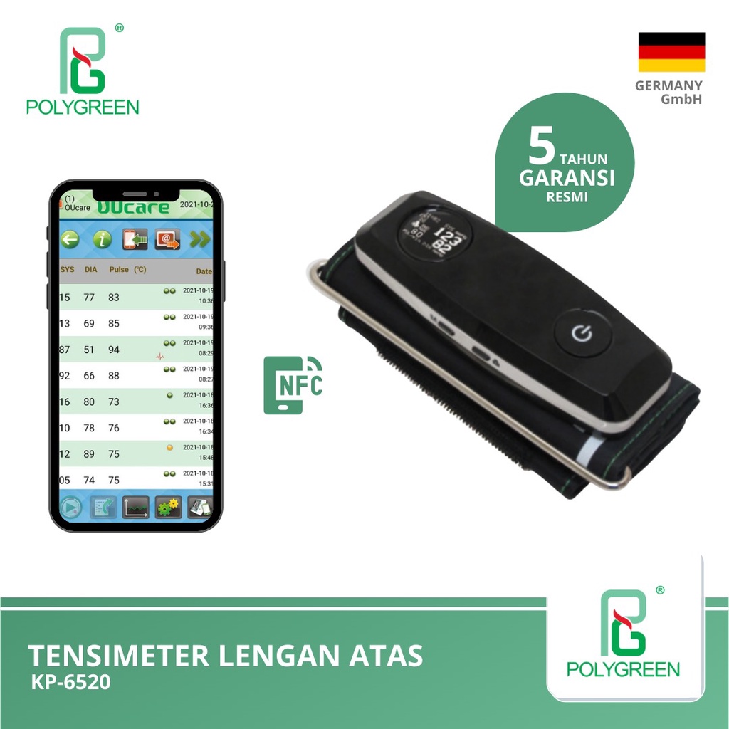 POLYGREEN KP-6520 - Tensimeter Lengan Atas Wrap Cuff dengan Bluetooth dan Kapasitas Memori 40 Pengukuran