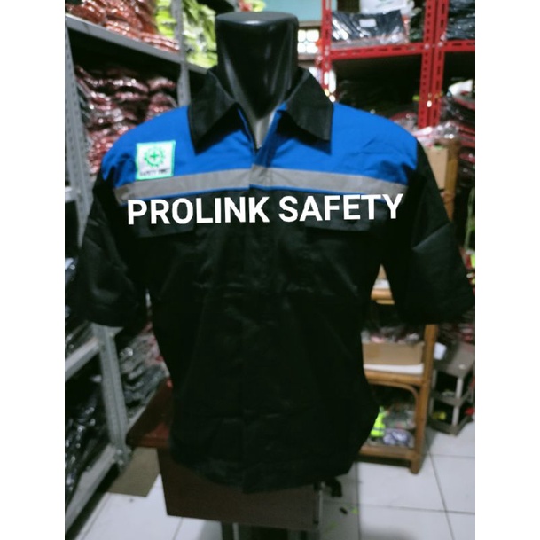 BAJU SAFETY HITAM BIRU RESLETING LENGAN PENDEK