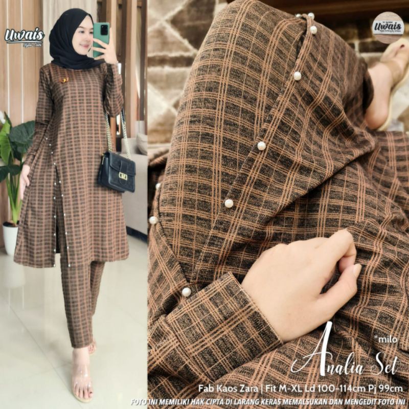 Analia Setelan Tunik Kaos Celana Panjang Kotak-Kotak ori Uwais Solo