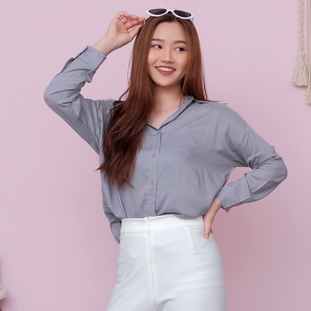Lily Basic Shirt NEW Kemeja Wanita Polos Katun Rayon Tangan Panjang-Grey