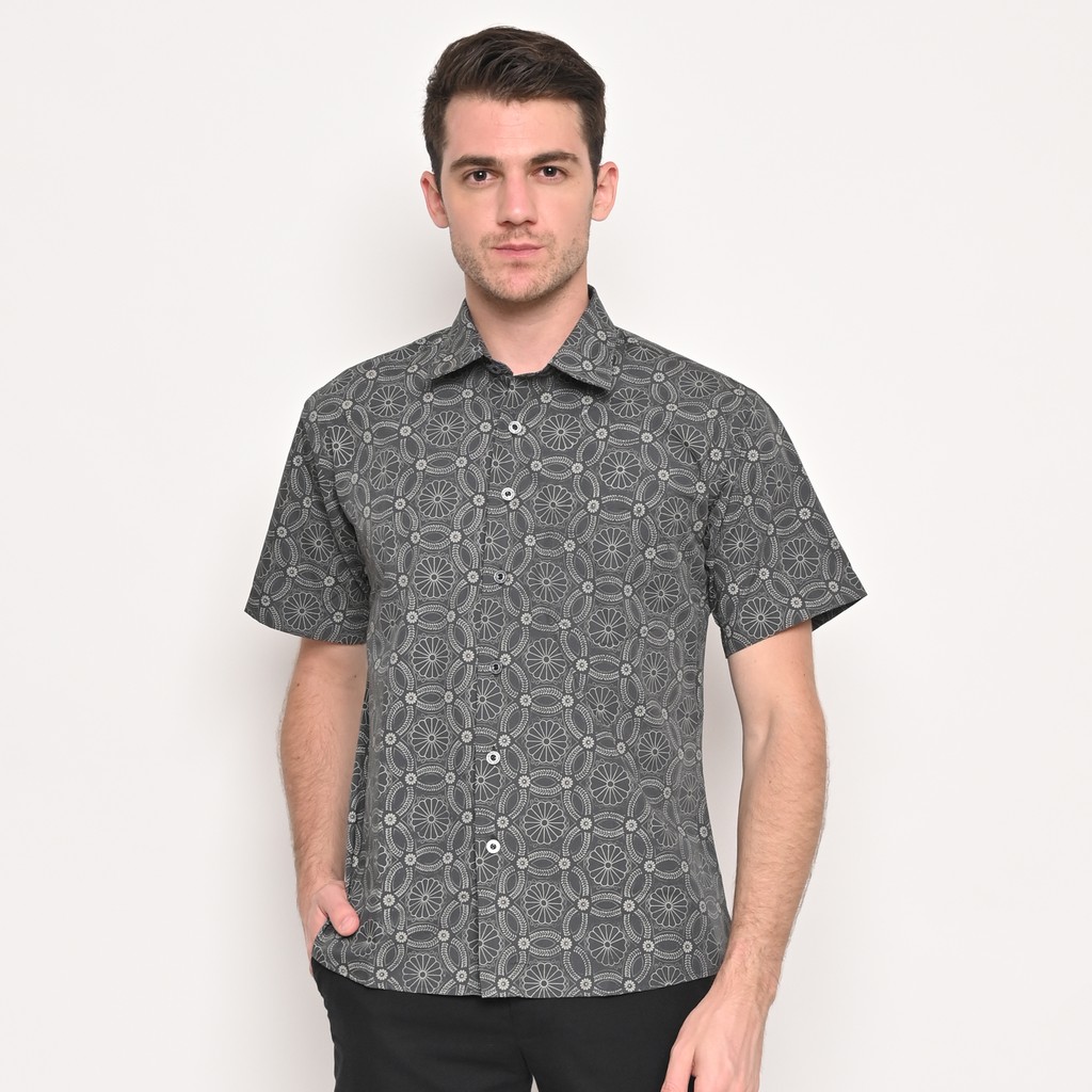 FOXTON Kemeja Batik Lengan Pendek ABU Motif Bunga - Slim Fit