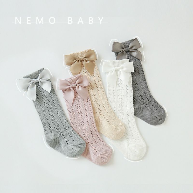 Kaos kaki bayi jaring premium renda pita panjang selutut ribbon baby socks