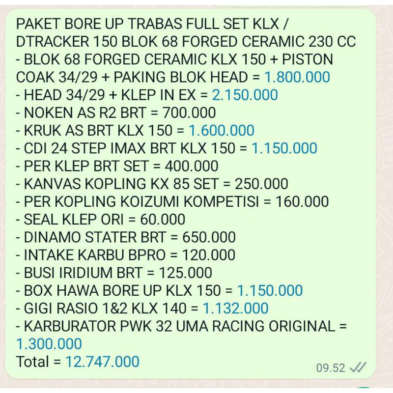 PAKET BORE UP FULL 230 CC KLX 150