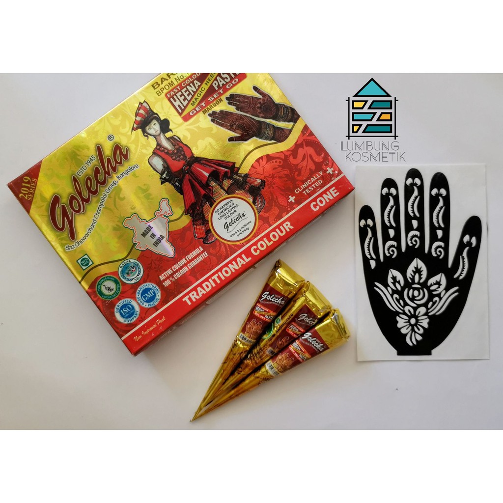 Paket Henna Golecha Maroon + Cetakan Sticker Hena Merah Hati Marun