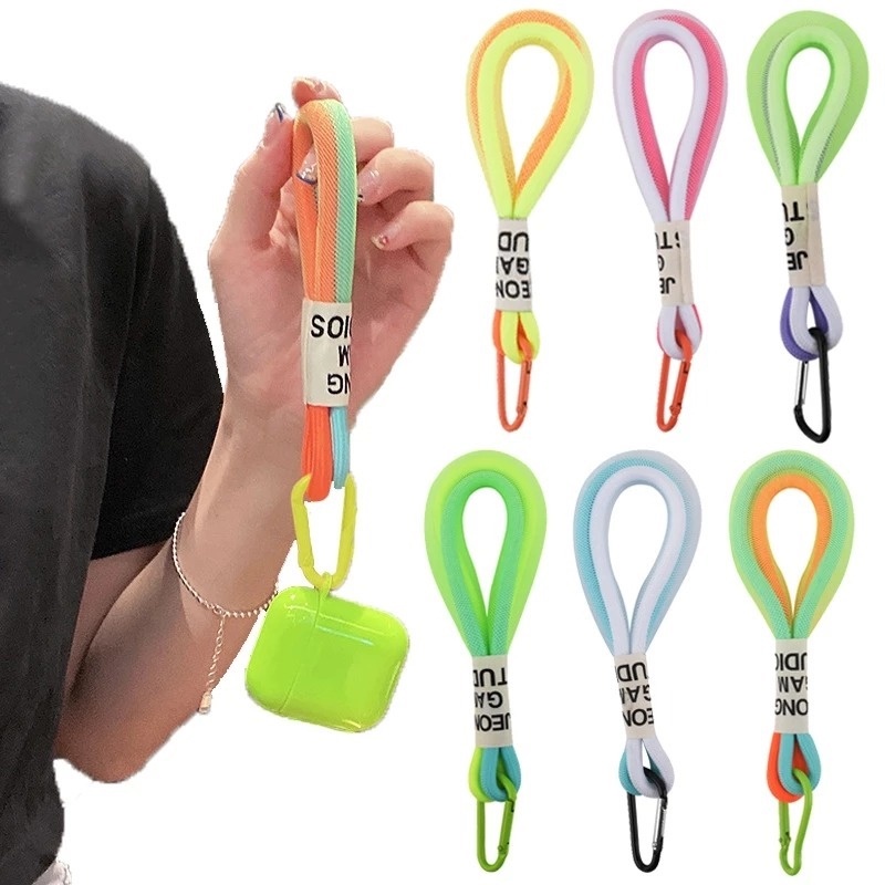 Tali Lanyard Model Kepang Bahan Mesh Warna-Warni Fluorescent Untuk Gantungan Kunci / Tas