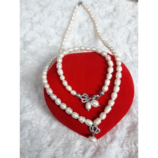 BERSERTIFIKAT SET KALUNG GELANG RENTENGAN MUTIARA AIR TAWAR LOMBOK ASLI PERHIASAN FULL MUTIARA