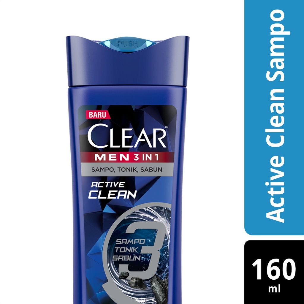 CLEAR Men Shampoo Anti Ketombe 3 in 1 Clean Active Sampo Tonik Sabun 48 Jam Perlindungan Aktif 160mL