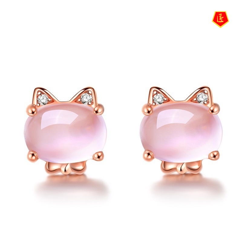 [Ready Stock]Women's Rose Gold Pink Crystal Kitten Ear Studs