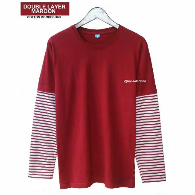 Kaos Polos Merah  Maroon  Tangan Kombinasi  Strip Panjang 