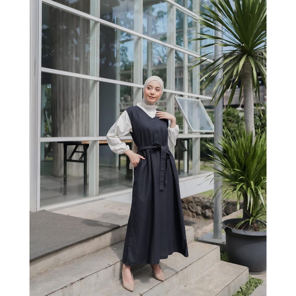 Gamis Overall Hitam Remaja Terbaru 2022 layka Dress wanita muslim bahan Katun Linen kancing depan me