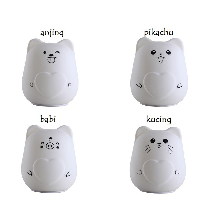 Lampu Tidur silikon kucing anjing babi pikachu LED animal Silicone Rechargeable Squishy Night Lamp - lampu meja kamar tidur 7 warna