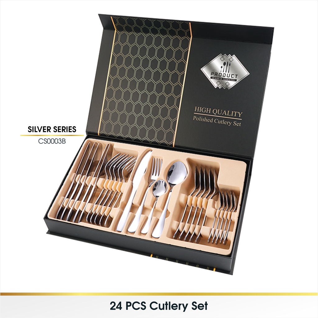 24 Pcs Set Cutlery Sendok Alat Perlengkapan Makan Korea Sendok Garpu Pisau Set Stainless Steel 24 Pcs