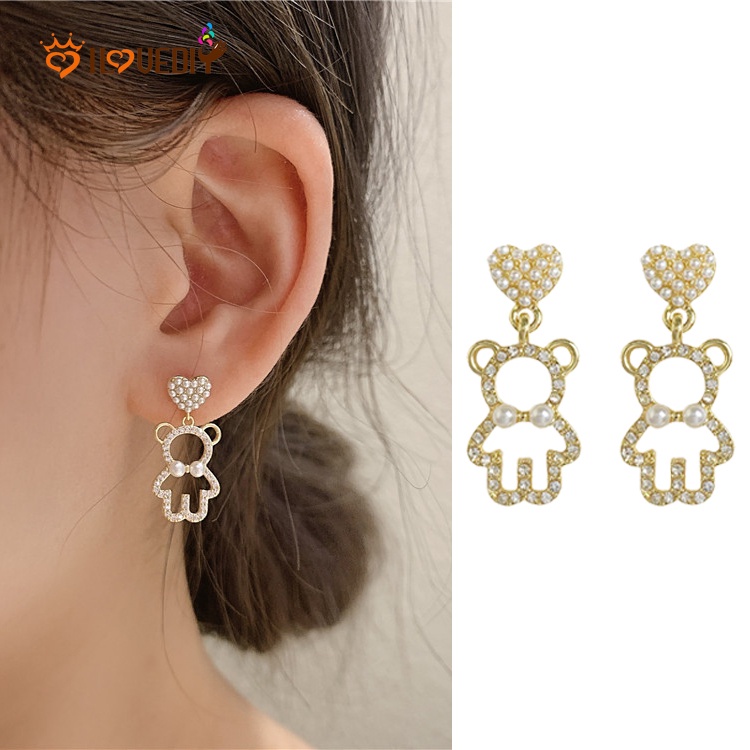 Anting Giwang Elegan Model Beruang Dengan Kristal + Mutiara + Berlian Imitasi Untuk Wanita