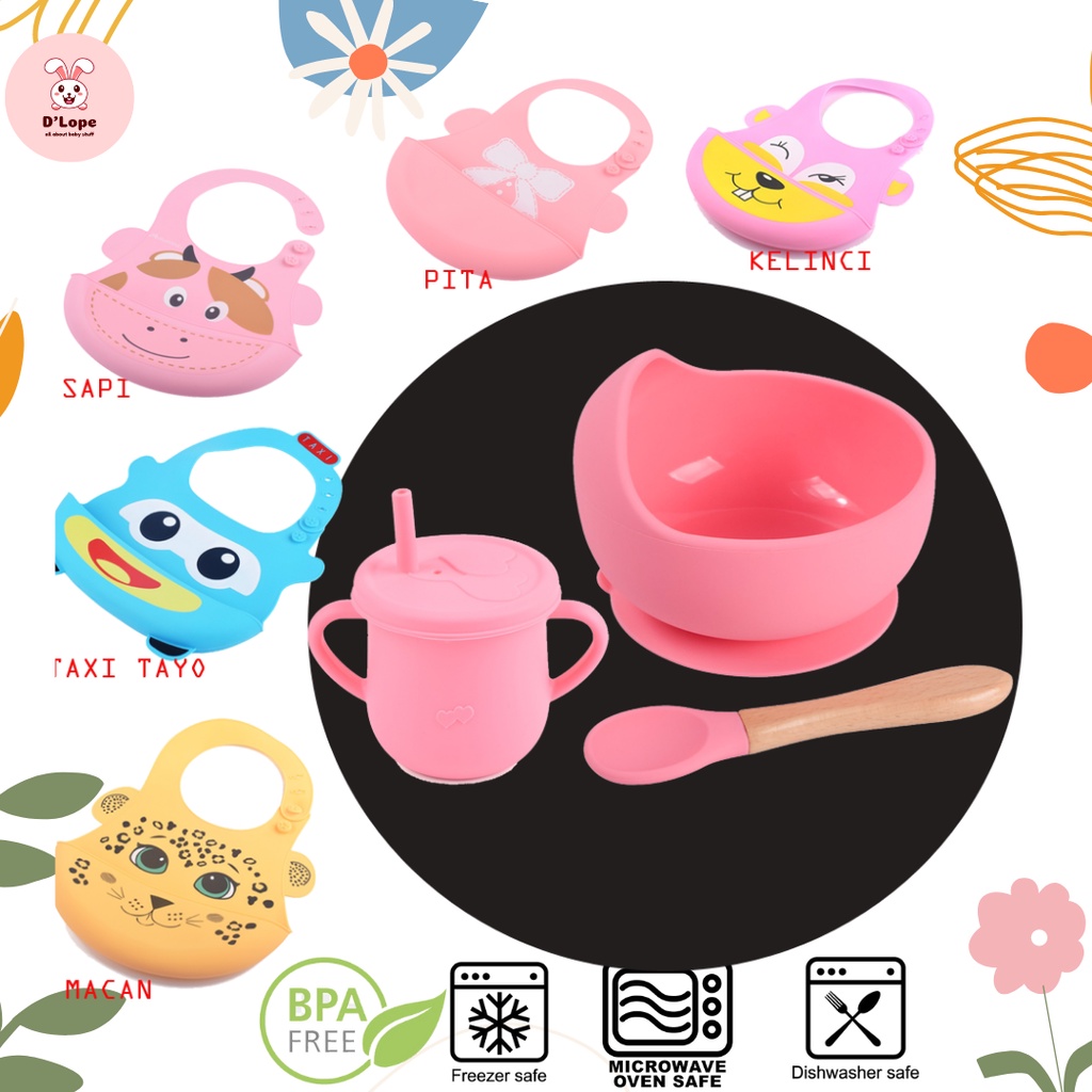 SET SILIKON MANGKOK+SENDOK BAYI,GELAS CUP,CELEMEK KARAKTER BAYI MURAH