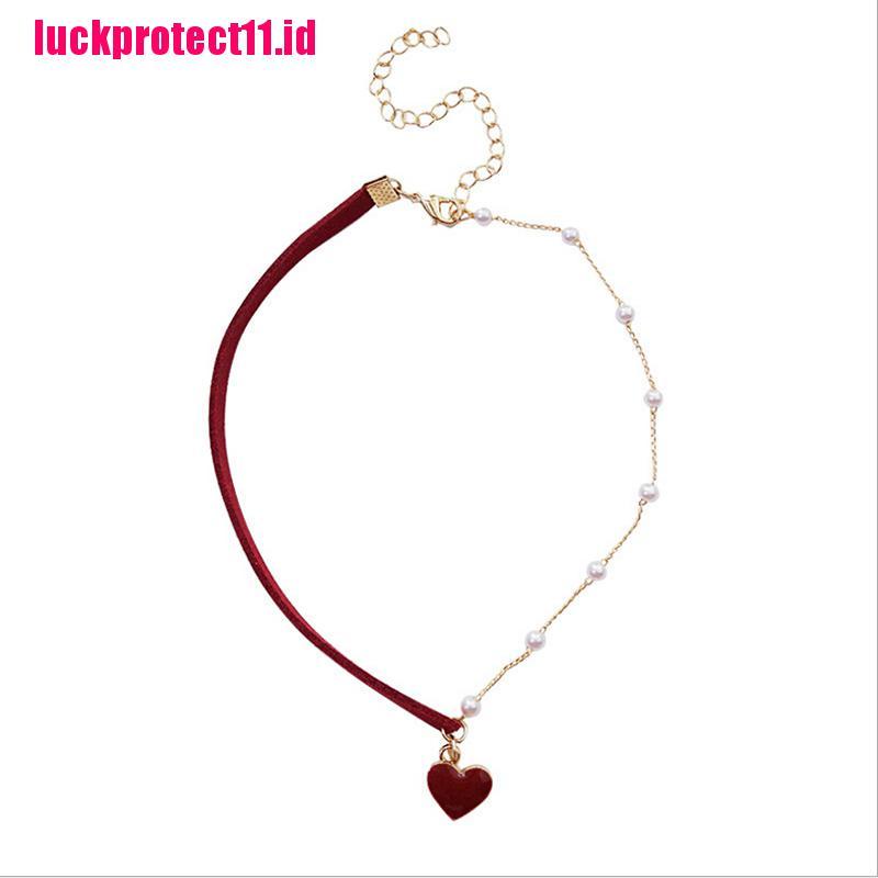 Kalung Choker Bentuk Hati Merah Aksen Mutiara Untuk Wanita