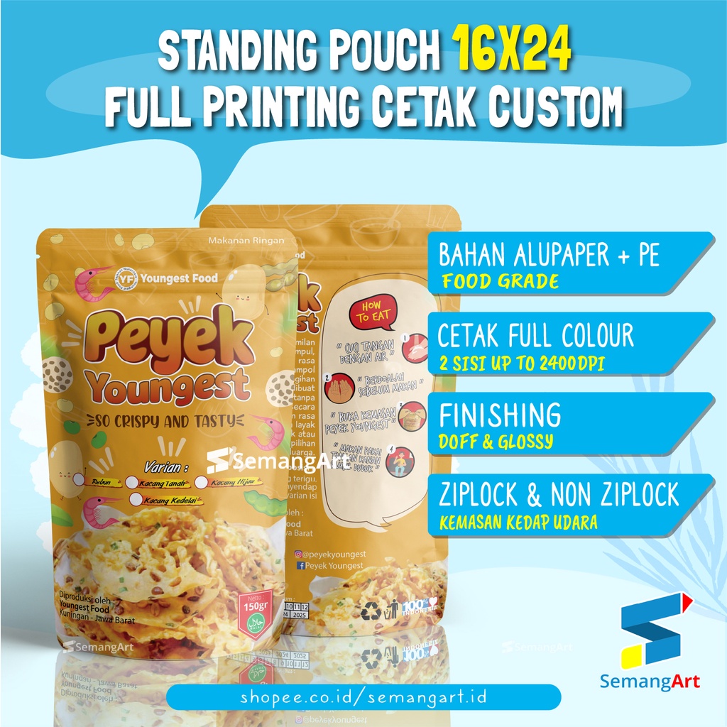 Cetak Kemasan Standing Pouch 16x24 Zipper Non Ziplock Makanan Custom