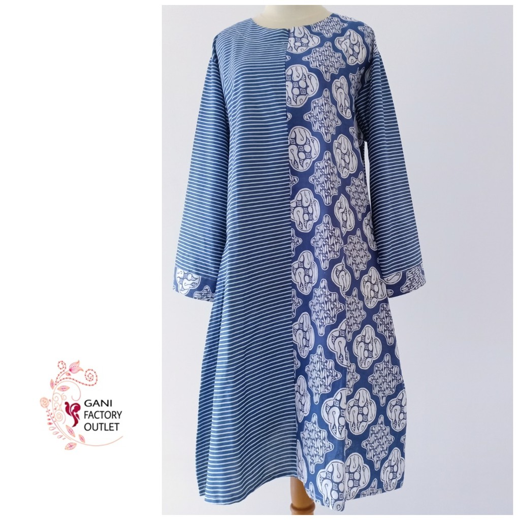 Tunik Batik Atasan Batik Gamis Corak Batik Kombinasi Parang Garis Biru kode 819
