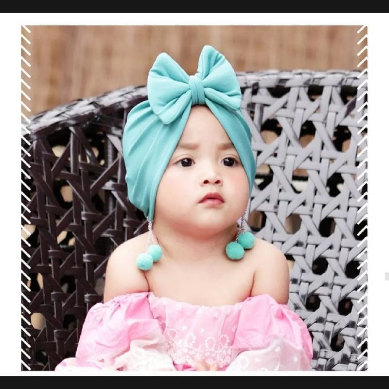 turban Duo  Double Pom Pom anak bayi perempuan Usia 0 - 3 Tahun | ciput baby new born 6 - 2 thn | bandana Baby Girl newborn import Premium lucu 1 - 5 Bulan