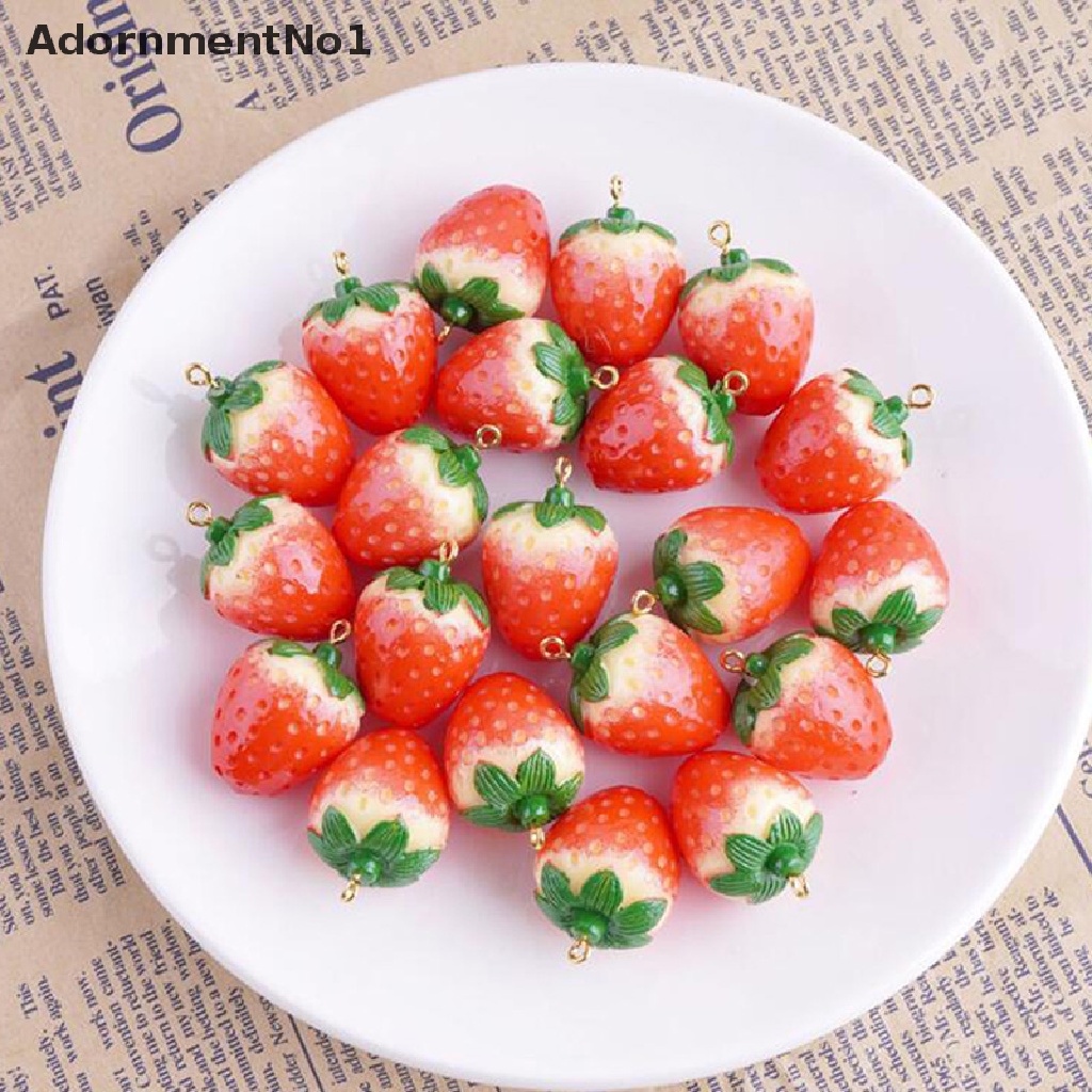 (AdornmentNo1) 10pcs Liontin Bentuk Buah Strawberry 3D Bahan Resin Untuk Kerajinan Tangan DIY