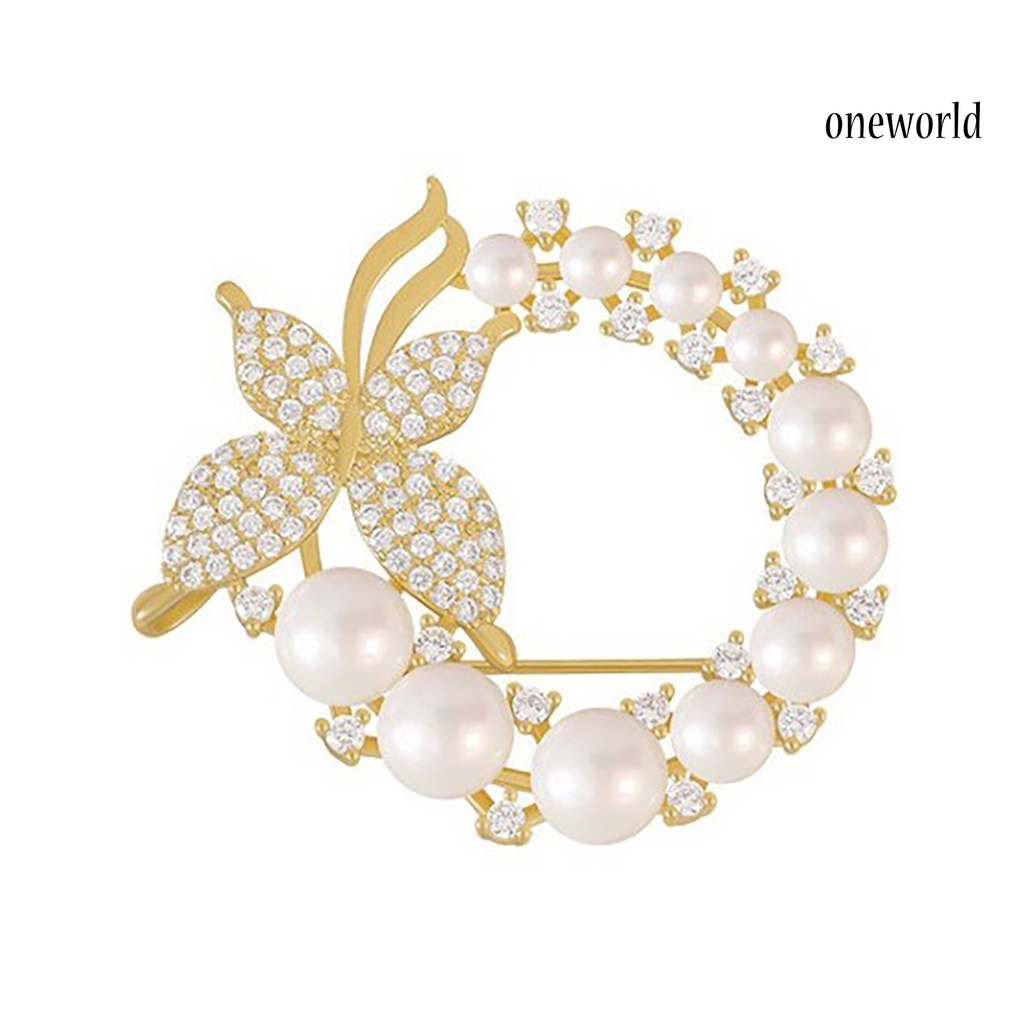 OW@ Brooch Round Hollow Out Luxury Round Faux Pearl Rhinestone Women Brooch for Dating